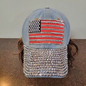 K Accessories Slideback Hat Womens OS Blue Denim American Flag Studded Bling Cap